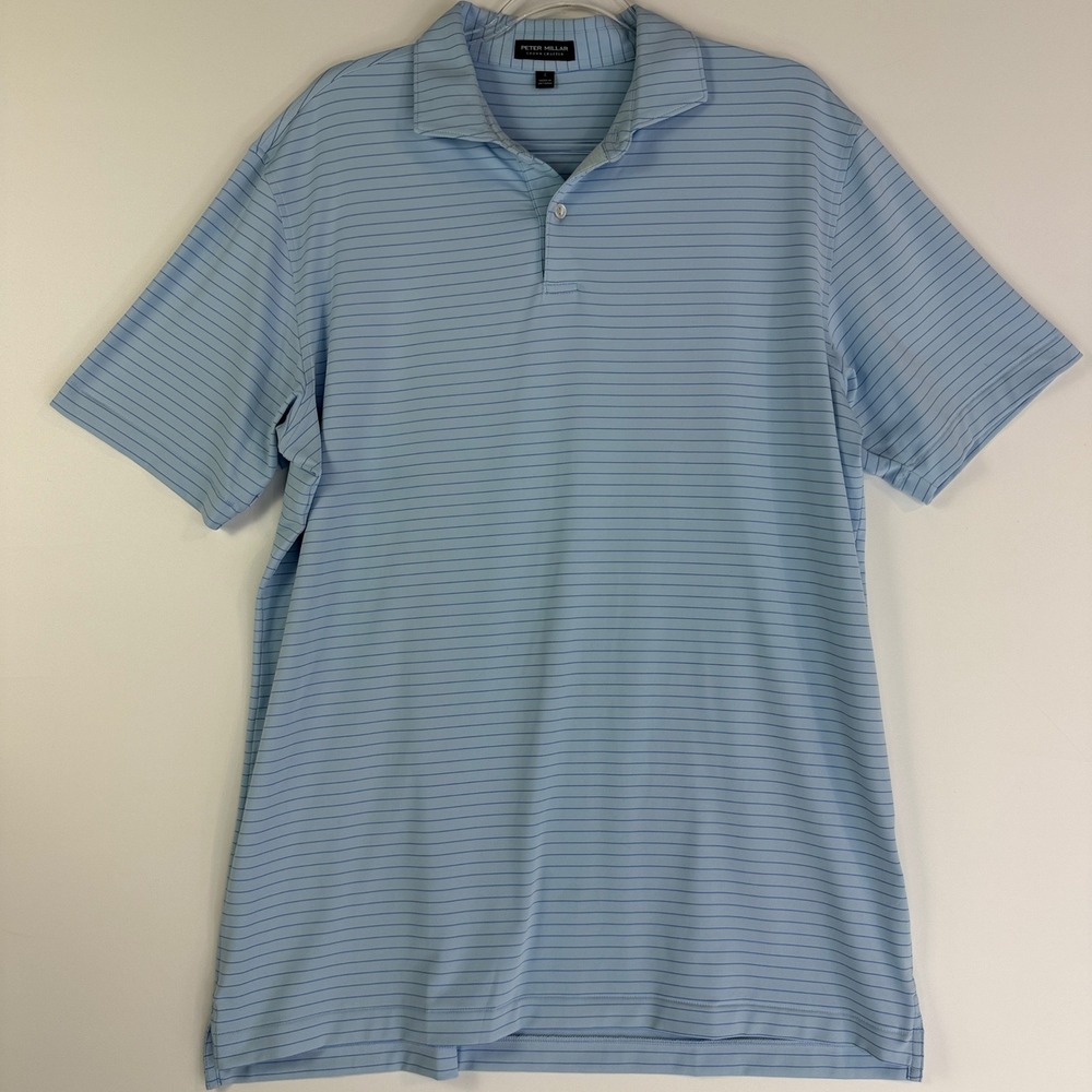 Peter Millar Polo Shirt Mens L Blue Striped Crown Crafted MS24XK04E Short Sleeve